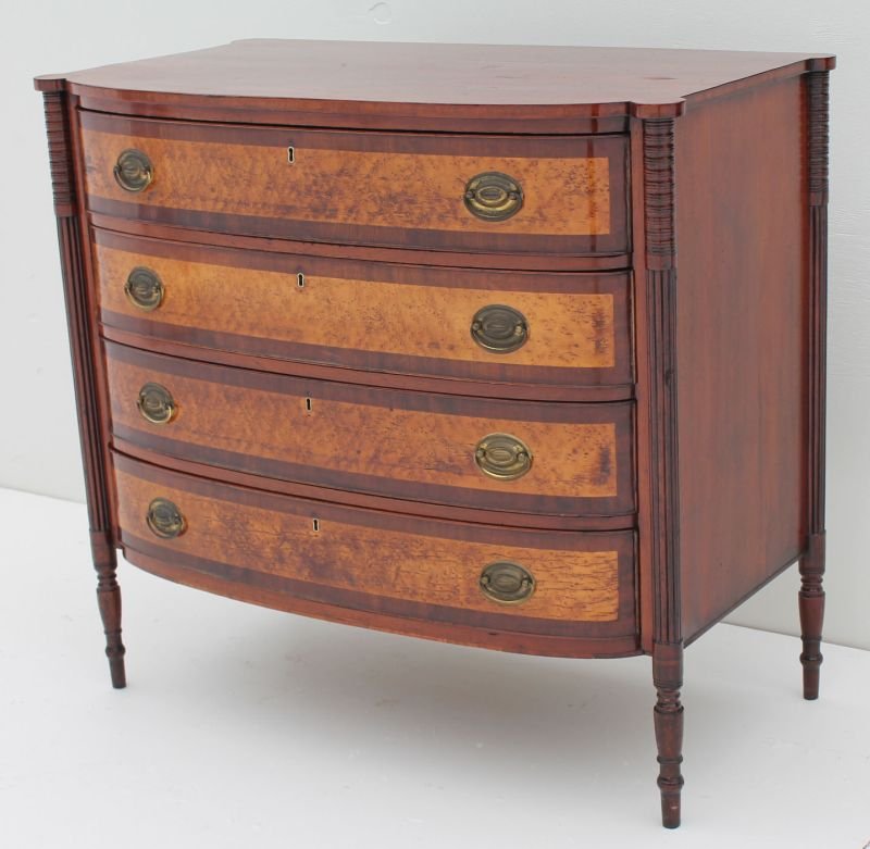 ca 1810 period Federal Portsmouth mahog & beautiful bir: ca 1810 period Federal Portsmouth mahog & beautiful birdseye maple 4 dr bowfront chest featuring delicate reeded columns & turreted reeded posts - 41" case width
