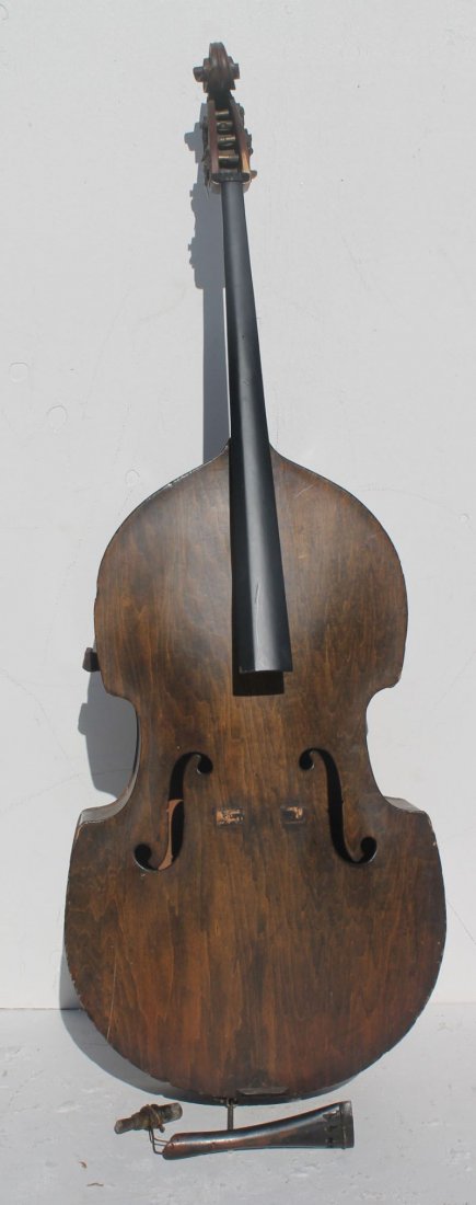 large antique bass fiddle with metal stand - as found: large antique bass fiddle with metal stand - as found