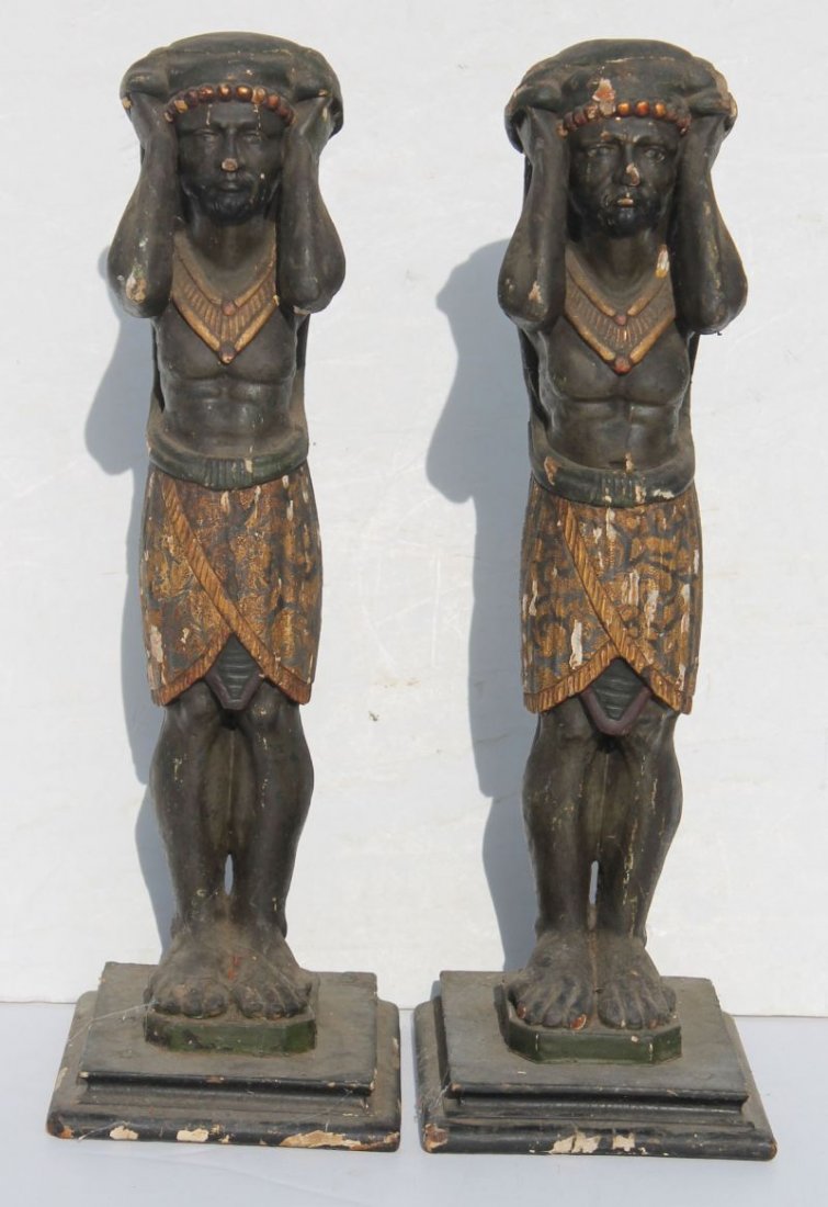 Fine pr of antique 20" tall Egyptian Revival wooden car - Feb 28, 2015