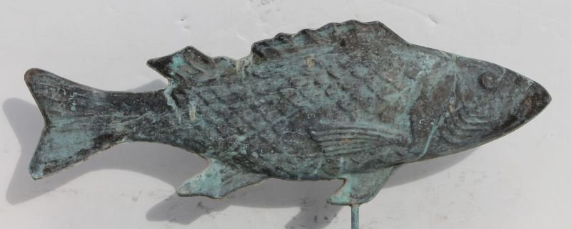 excellent 1920's/30's New England 3D full bodied form c: excellent 1920's/30's New England 3D full bodied form copper cod fish weathervane in fine detail & excellent verdigris surface - 26" long