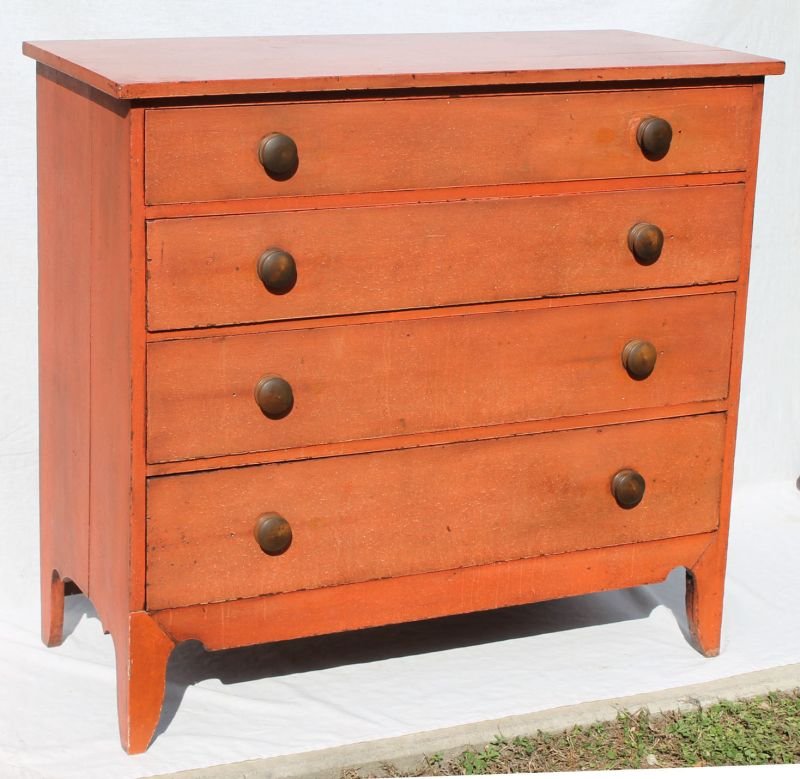 late 18thC period Hepplewhite excellent & rare orig bit: late 18thC period Hepplewhite excellent & rare orig bittersweet painted 4 graduated drawer maple & pine NH chest on high shaped feet w central drop panel - 39 1/2" case width