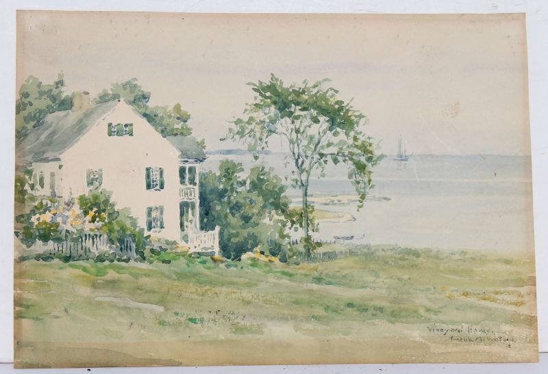 Amelia M. Watson (1856-1934) 9 1/2" x 14" w/c on paper : Amelia M. Watson (1856-1934) 9 1/2" x 14" w/c on paper coastal scene titled "Vineyard Haven"