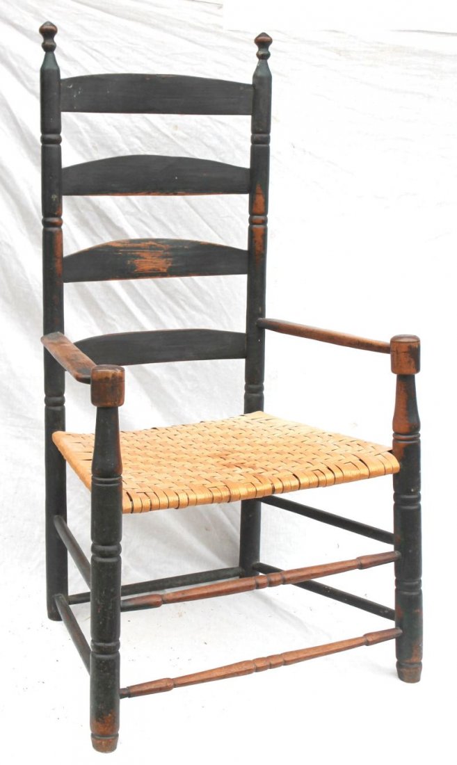 ca 1740 Northern New England 4 slat ladder back armchai: ca 1740 Northern New England 4 slat ladder back armchair in nice old green paint & excellent condition - Note: splint seat restored to make it a sturdy sittable chair - 45 1/2" tall