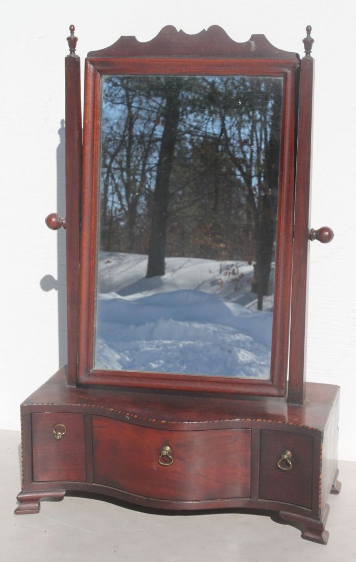 ca 1800 mahog inlaid serpentine front 3 dr dressing tab: ca 1800 mahog inlaid serpentine front 3 dr dressing table mirror - 26" tall x 16" wide