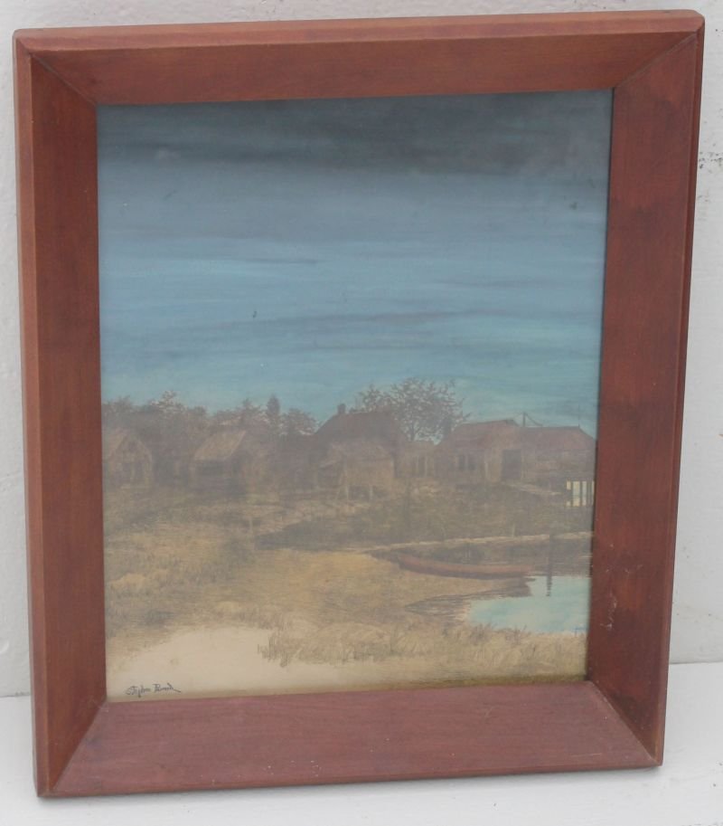 Stephen Maxfield Parrish (1846-1938 - Maxfield Parrish': Stephen Maxfield Parrish (1846-1938 - Maxfield Parrish's father) mixed media inlet scene w multiple seaside shantys - 13" x 10 3/4" - Note: distinctive Parrish blue colored sky