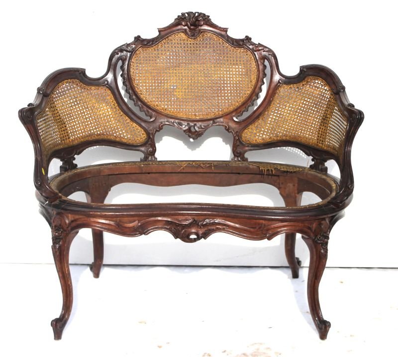 ca 1850 French walnut caned settee (needs recaning) - 3: ca 1850 French walnut caned settee (needs recaning) - 31" tall x 35" wide