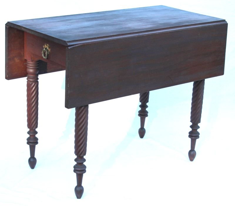 period Sheraton ca 1800-1820 New England 1 drawer dropl: period Sheraton ca 1800-1820 New England 1 drawer dropleaf table on rope turned legs ending on desirably delicate feet - fine orig condition - 39" long