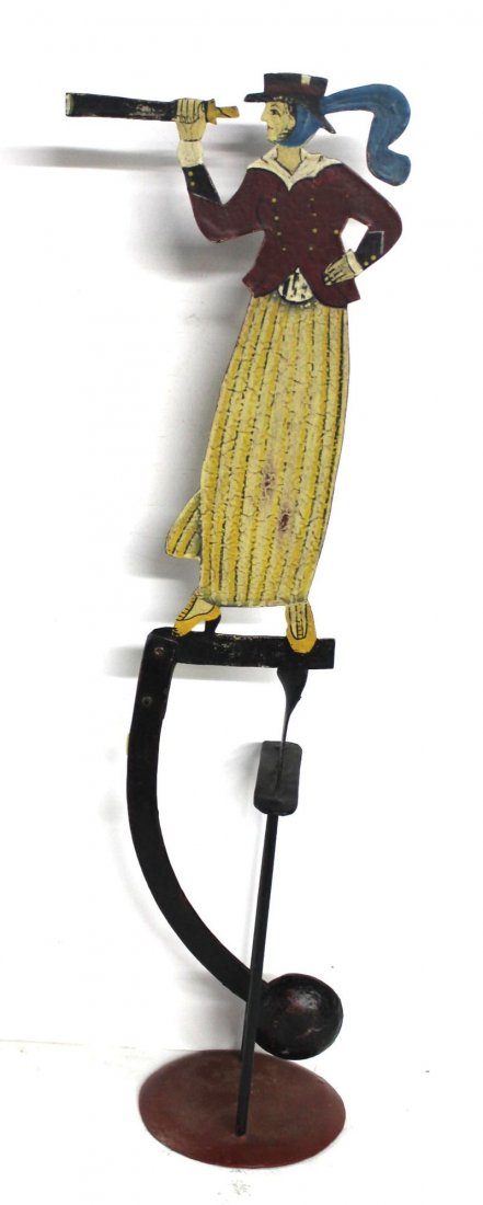 Sheet iron perpetual motion whimsey depicting woman w s: Sheet iron perpetual motion whimsey depicting woman w spy glass on rocking stand - 21" tall