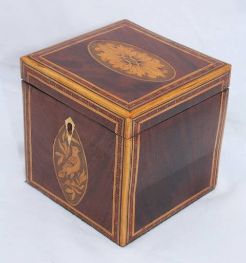 Antique Tea Caddy W Extensive Inlay Including Bird & Fl