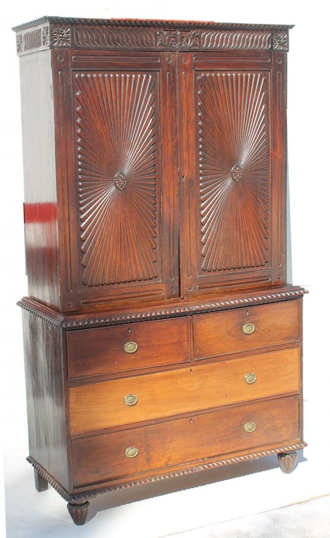 Spectacular carved mahog 18thC Anglo Indian linen press: Spectacular carved mahog 18thC Anglo Indian linen press w gadrooned molding & highly carved paneled doors on carved turnip type feet - 83 1/2" tall x 49" wide x 21 1/2" deep