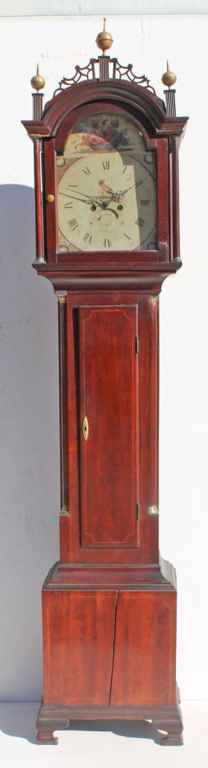 fine Chippendale period ca 1790's carved cherry inlaid : fine Chippendale period ca 1790's carved cherry inlaid tall case clock on ogee feet w orig brass finials from Springfield or Northampton MA descended in the Barrett family - 88" tall