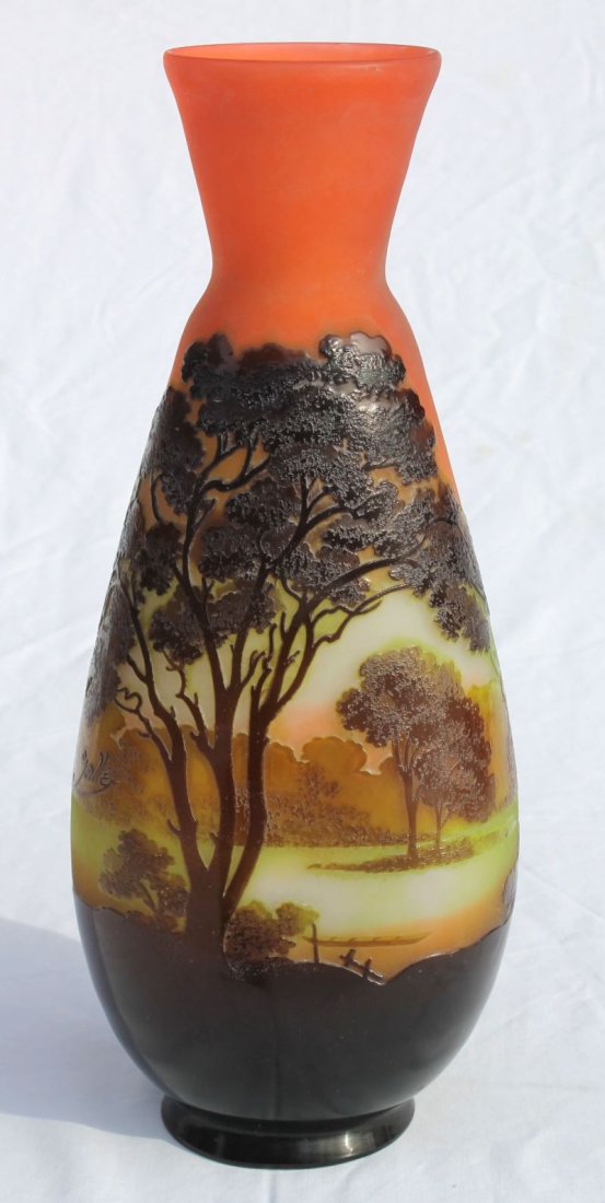 very large Galle French Cameo 15 1/4" tall multi colore: very large Galle French Cameo 15 1/4" tall multi colored lake scenic vase