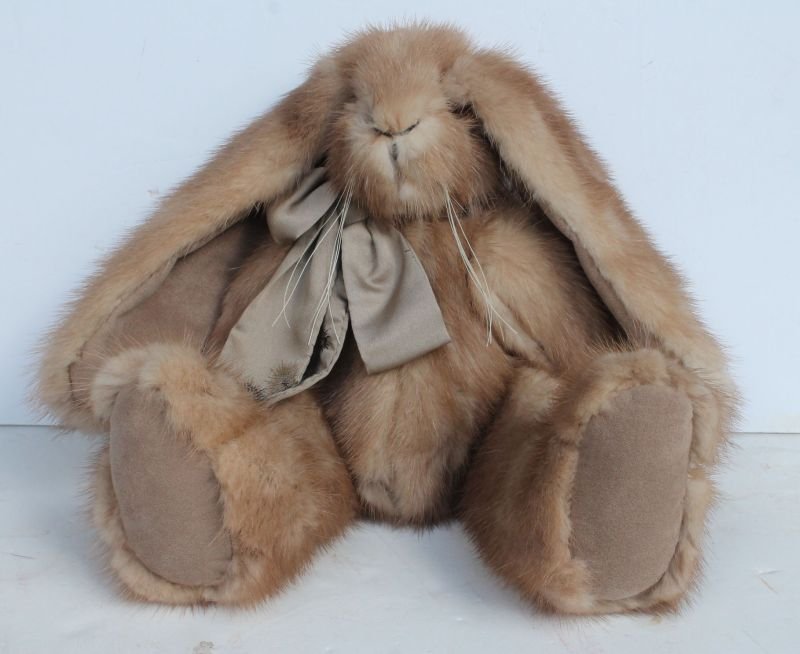 Beautiful hand made "Bearables" jointed mink long eared: Beautiful hand made "Bearables" jointed mink long eared rabbit w bow around his neck by Diane Ohanian - 13" tall