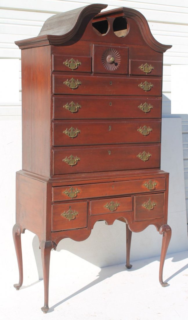 QA period ca 1735-1755 Wethersfield or Windsor, CT carv: QA period ca 1735-1755 Wethersfield or Windsor, CT carved cherry bonnet top highboy w orig brasses & early surface - 76 1/2" tall x 34 1/4" upper case width & 37 3/4" lower case width