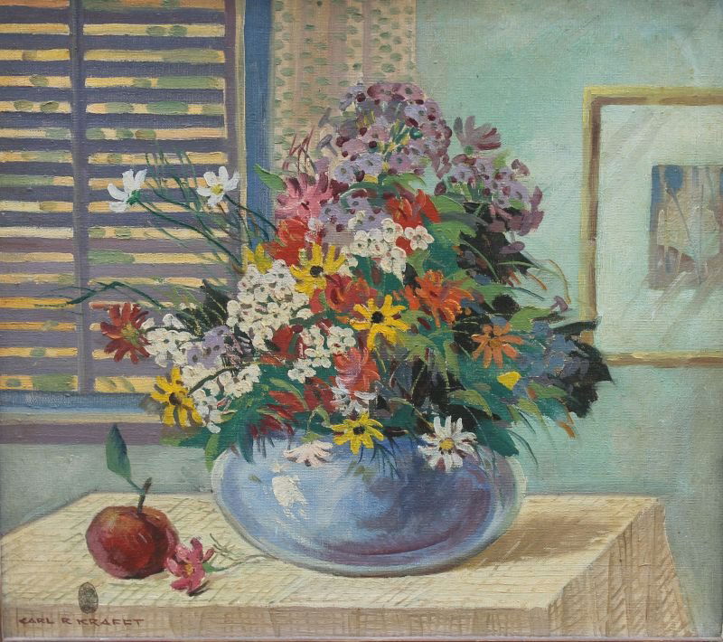 Carl Rudolph Krafft (1884-1938) 18x20 beautiful vibrant: Carl Rudolph Krafft (1884-1938) 18x20 beautiful vibrant colored o/c w orig label on back dated 1938 & titled "Summer Flowers" still life (Note Krafft's trademark thumbprint lower left)