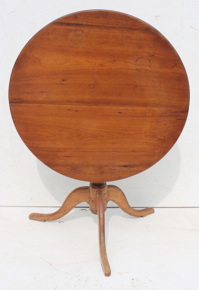 QA period ca 1760 CT applewood round tilt top birdcage : QA period ca 1760 CT applewood round tilt top birdcage tea table - 31" diam - a very nice country example