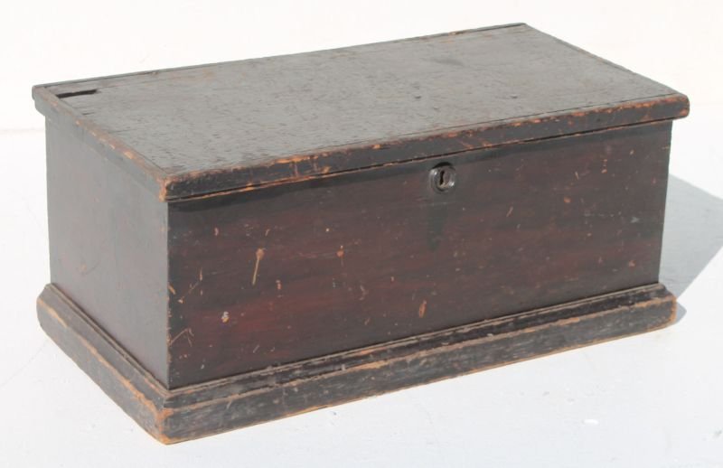 ca 1820 New England pine old black over red ptd small t: ca 1820 New England pine old black over red ptd small tool or storage chest - 25" wide x 13" deep x 11" tall