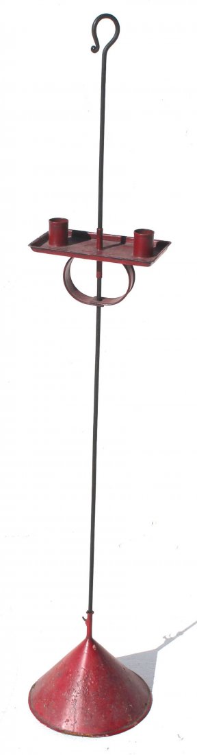 ca 1830-1850 New England tin & iron adjustable candle h: ca 1830-1850 New England tin & iron adjustable candle holder w sand weighted base in old red paint - 48" tall