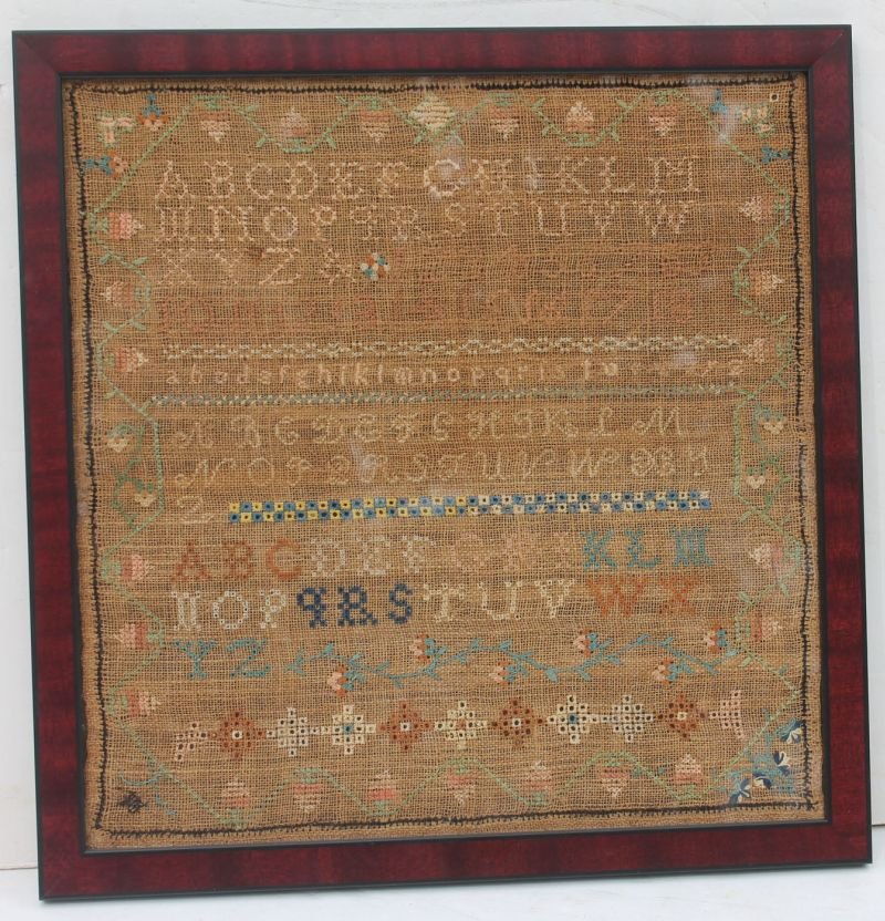 18thC New England needlework sampler w fine strong colo: 18thC New England needlework sampler w fine strong colors featuring letters, numbers & a strawberry border, etc - 14" x 14"
