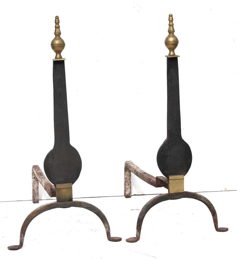 Fine pr of late 18thC 22 1/2" tall iron & brass NY knif: Fine pr of late 18thC 22 1/2" tall iron & brass NY knifeblade andirons w faceted tops & brass cover plates in the manner of John Conklin (1770-1800)