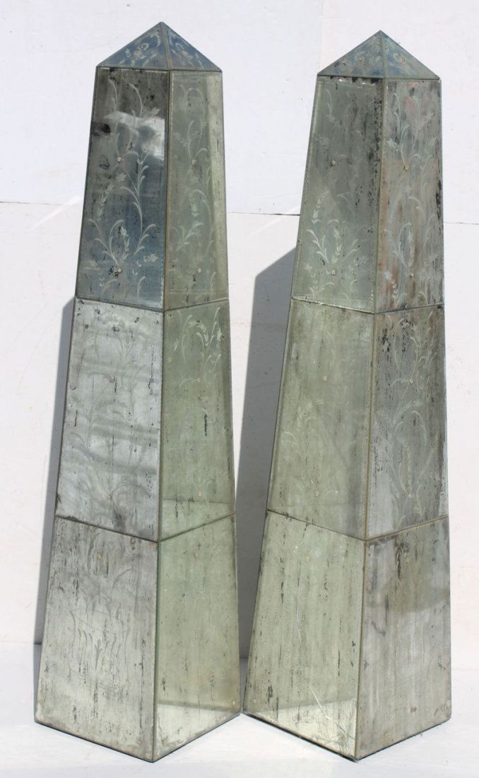 Unusual pr of ca 1930 large cut glass mirrored obelisks: Unusual pr of ca 1930 large cut glass mirrored obelisks - 66" tall (some imperfections)