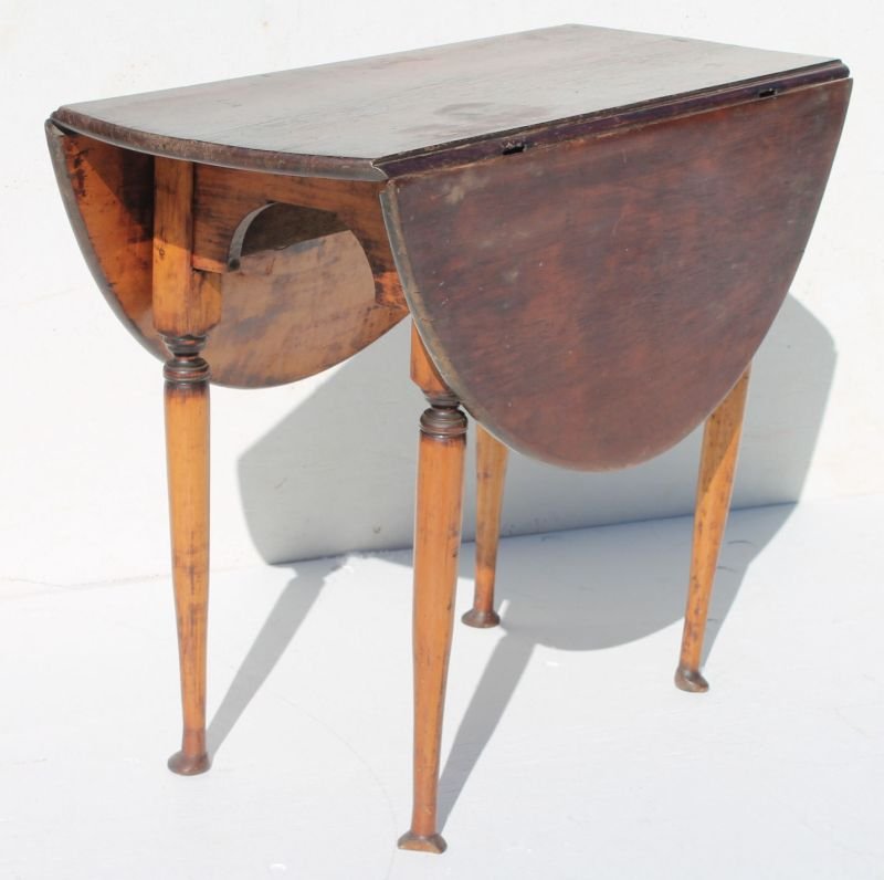 very early period QA ca 1720-1730 CT maple dropleaf bre: very early period QA ca 1720-1730 CT maple dropleaf breakfast table on button feet (wonderful form - some losses to button feet) 36 1/2" long