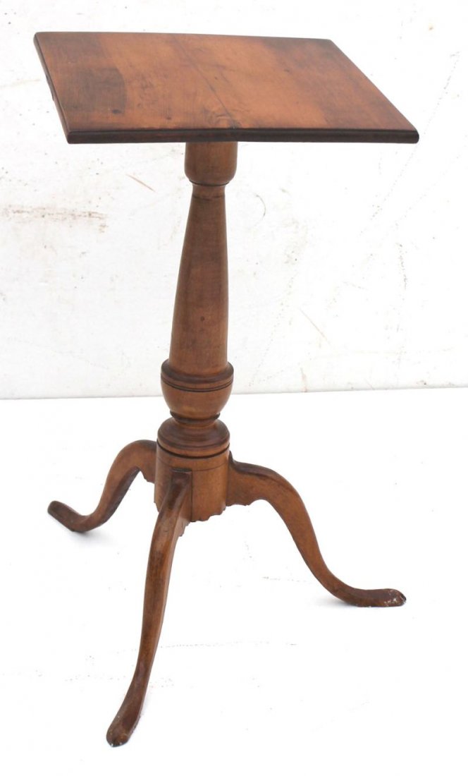 late 18th/early 19thC CT cherry snake ft candlestand w : late 18th/early 19thC CT cherry snake ft candlestand w desirably delicate snake legs, chip carving & rare dovetailed cleat securing the top - 13 1/2" square top - Enfield Estate