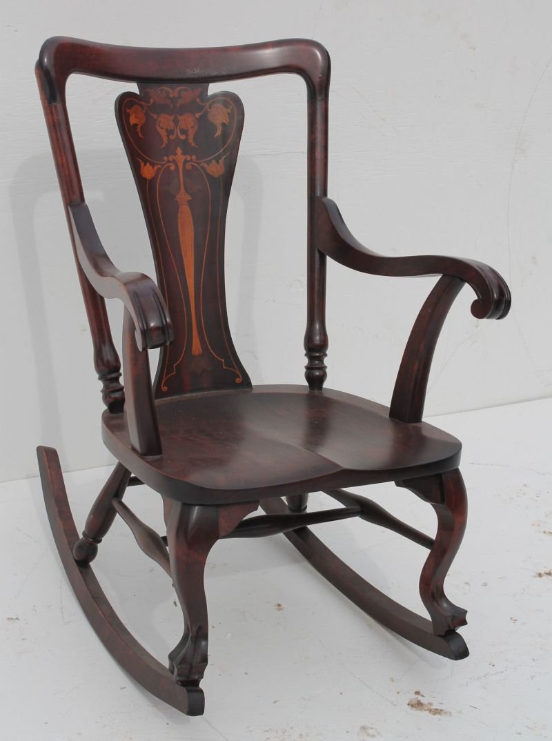 Antique very pretty Art Nouveau knuckle arm paw ft rock: Antique very pretty Art Nouveau knuckle arm paw ft rocking chair w beautiful inlaid backsplat - 36" tall