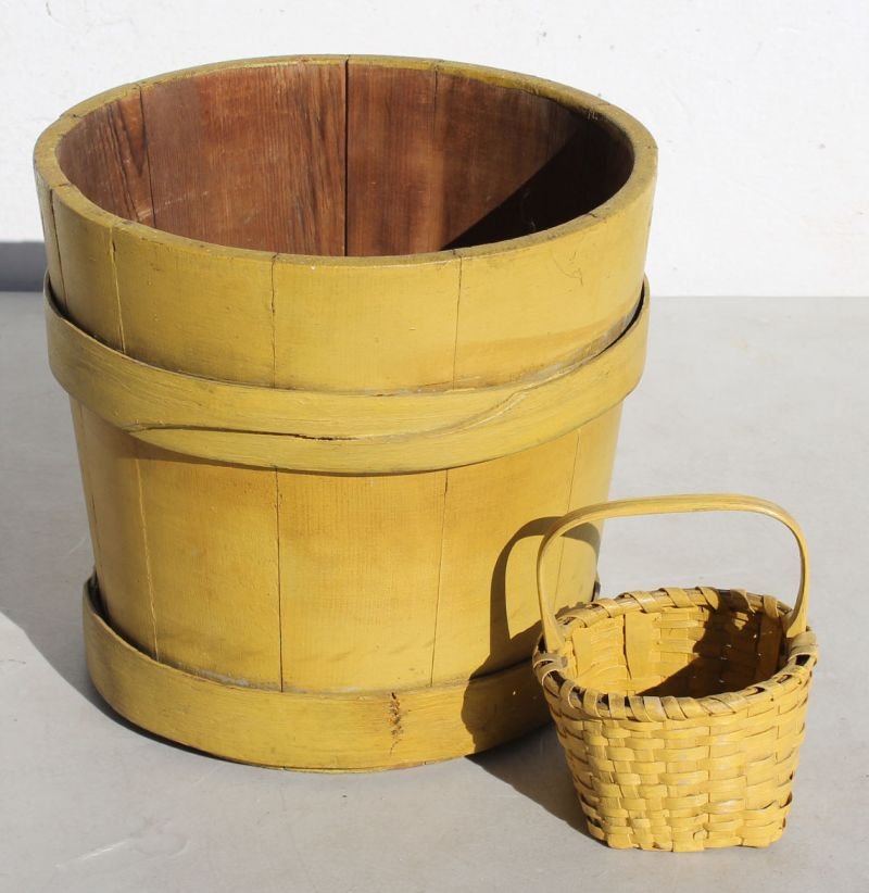 antique bucket & miniature basket both in old yellow pa: antique bucket & miniature basket both in old yellow paint - 8" tall bucket & 4 1/2" tall basket