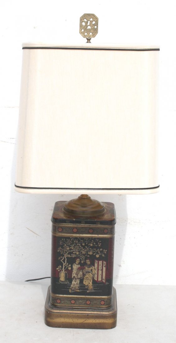 antique English tole tea caddy w Oriental scenes conver: antique English tole tea caddy w Oriental scenes converted to a table lamp - overall size is 25" tall - Enfield Estate