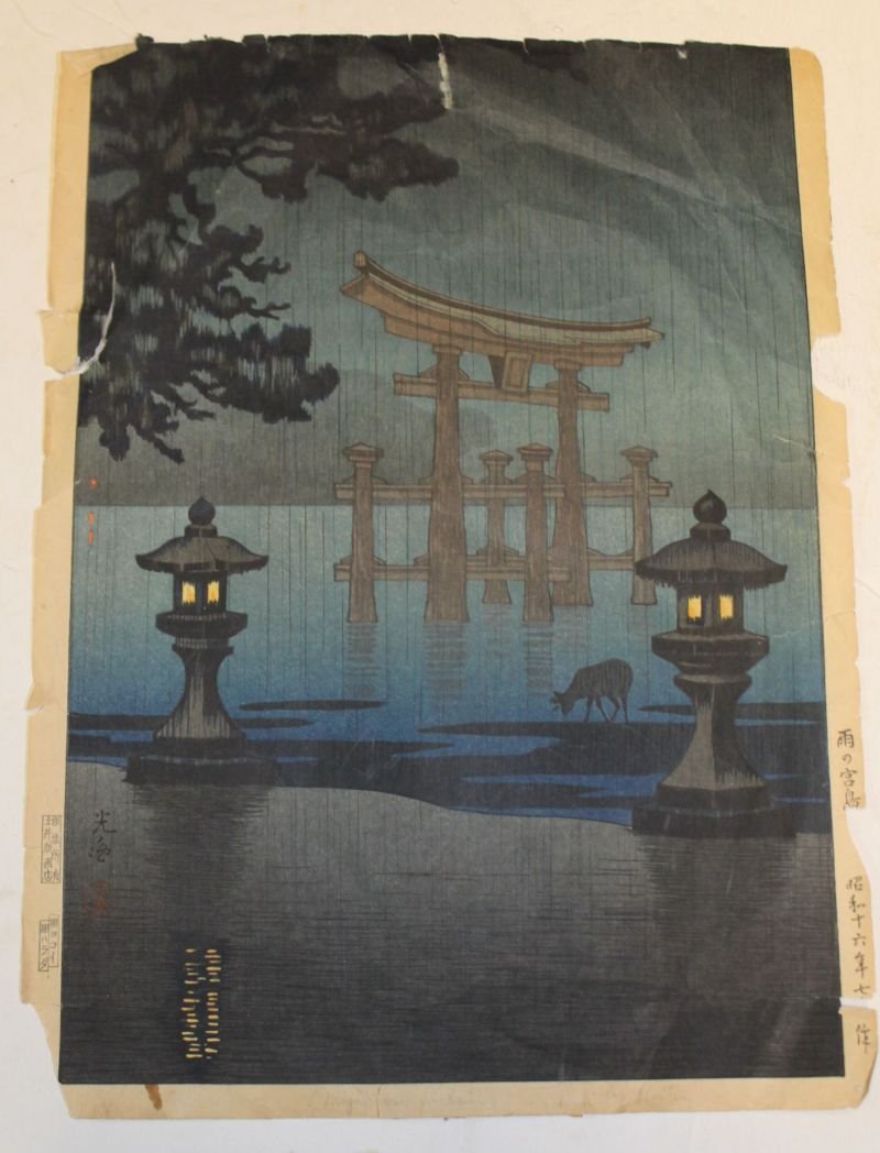 Japanese woodblock print of an evening rain storm with: Japanese woodblock print of an evening rain storm with temples & lanterns - (as is) - 15"x11 1/4"