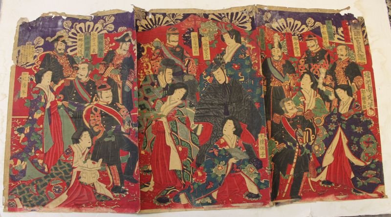 Japanese woodblock print triptych very colorful multi: Japanese woodblock print triptych very colorful multi figural scene of Royalty (as is) - 27 1/4" x 14 1/2"