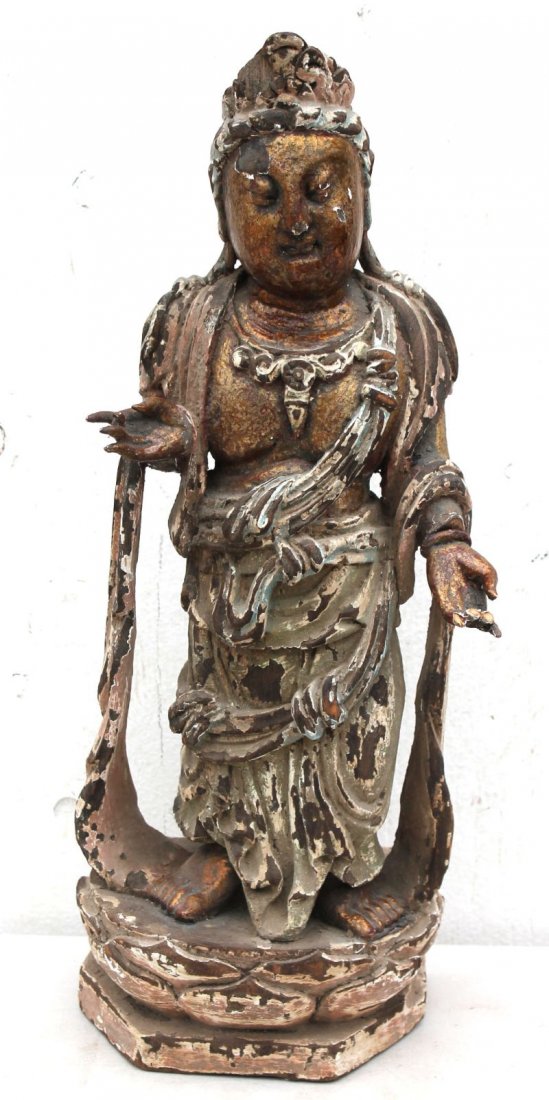 antique carved wood Thai figure of a Buddha w remnants : antique carved wood Thai figure of a Buddha w remnants of gilt & polychrome paint - 23" tall