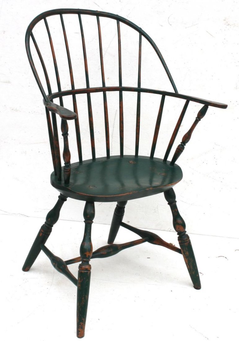 ca 1770's Litchfield, CT Windsor sack back armchair w w: ca 1770's Litchfield, CT Windsor sack back armchair w wonderful splay, broad seat & bold turnings in worn dark green paint - 36 1/2" tall w 17 1/4" seat height