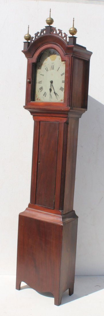 fine ca 1830 CT mahog tall case clock in old surface w : fine ca 1830 CT mahog tall case clock in old surface w orig brass works, pendulum & weights & painted wood face - 86" tall