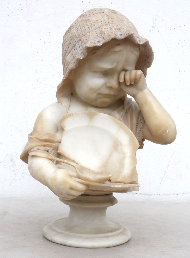 School of Antonio Canova (1757-1822 Italian) alabaster : School of Antonio Canova (1757-1822 Italian) alabaster bust of a crying child in bonnet w broken plate & spoon - 17 1/2" tall