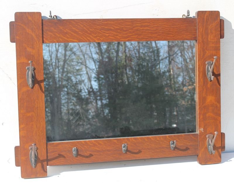 large Oak Arts & Crafts mirrored coat/hat rack - 31 1/2: large Oak Arts & Crafts mirrored coat/hat rack - 31 1/2" tall x 43 1/2" wide - Hatfield Estate