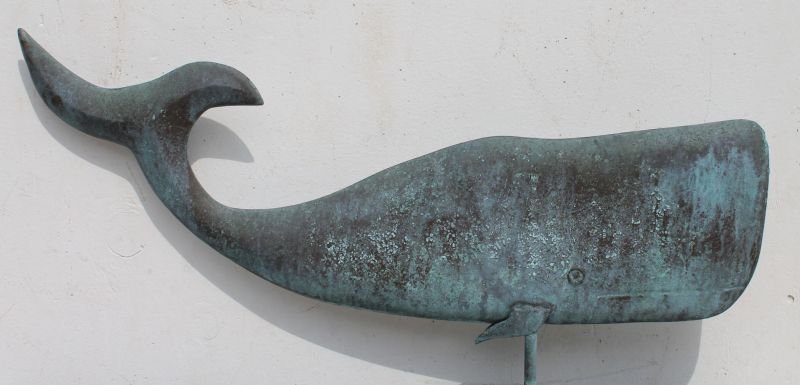 ca 1920's/30's great graphic flattened full body form c: ca 1920's/30's great graphic flattened full body form copper whale weathervane in excellent verdigris surfaces & untouched orig cond - found on Cape Cod - 37" long x 18" tall