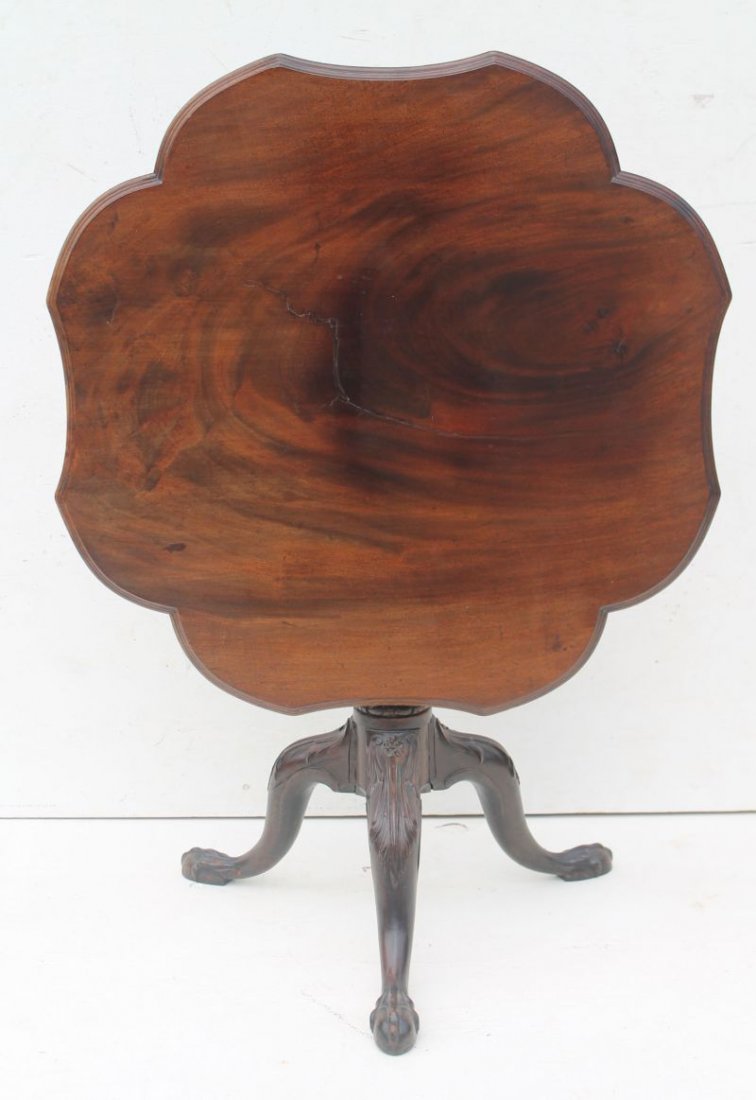 Fine 18thC Chippendale ball & claw ft shaped tilt top m: Fine 18thC Chippendale ball & claw ft shaped tilt top molded edge bird cage tea table w elaborate carved pedestal & knees - 32" diam top