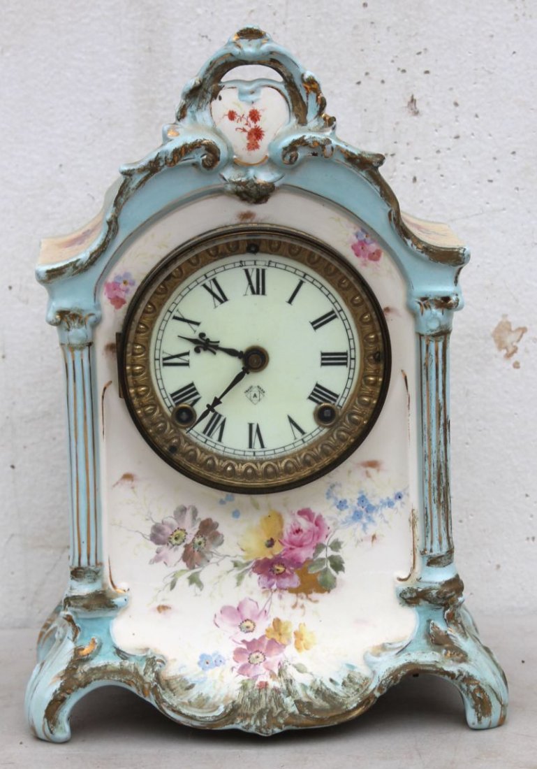 Royal Bonn porcelain mantle clock w Ansonia works - 13 : Royal Bonn porcelain mantle clock w Ansonia works - 13 1/2" tall
