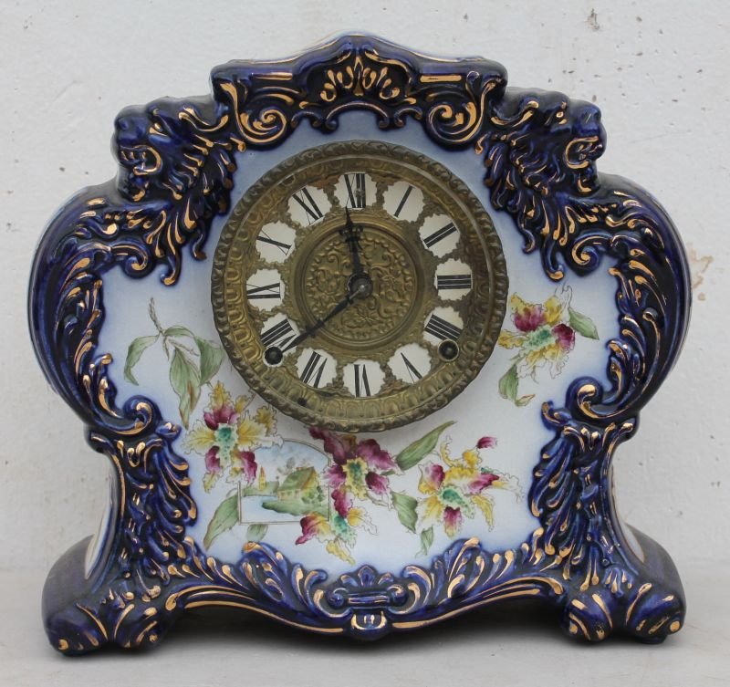 Antique porcelain mantle clock w Gilbert Clock Co works: Antique porcelain mantle clock w Gilbert Clock Co works - 11" tall