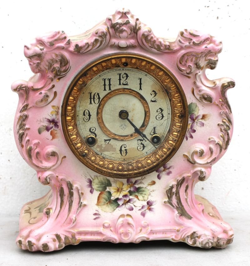 Royal Bonn hand painted porcelain mantle clock w Ansoni: Royal Bonn hand painted porcelain mantle clock w Ansonia works together w another porcelain mantle clock w Ansonia works - 11 1/2" tall & 10" tall respectively