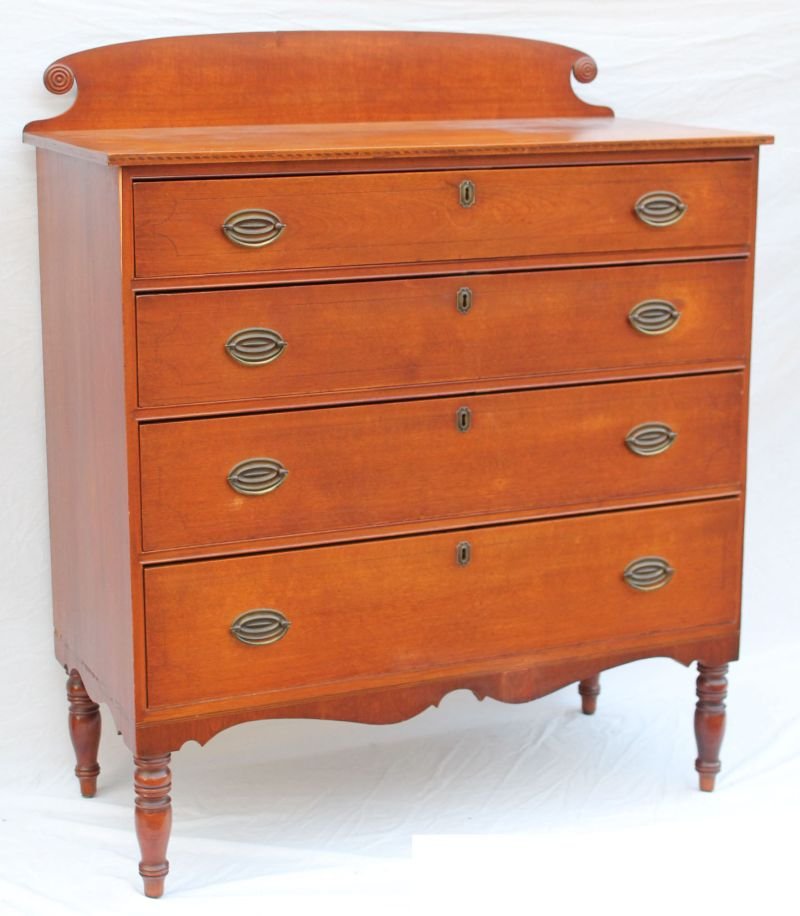 period Sheraton ca 1810-1820 maple 4 dr chest on turned: period Sheraton ca 1810-1820 maple 4 dr chest on turned legs w nicely cut out apron & splash - 42" tall x 39" case width x 18 1/2" deep