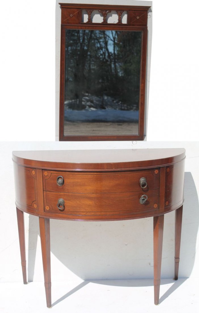 ca 1930's custom mahog 2 dr demi-lune inlaid console ta: ca 1930's custom mahog 2 dr demi-lune inlaid console table together w overhanging mirror - Grand Rapids/Dexter Fine Furniture labels - 40" wide x 33" tall console & 37 1/2" tall x 24" wide mirror - Ha