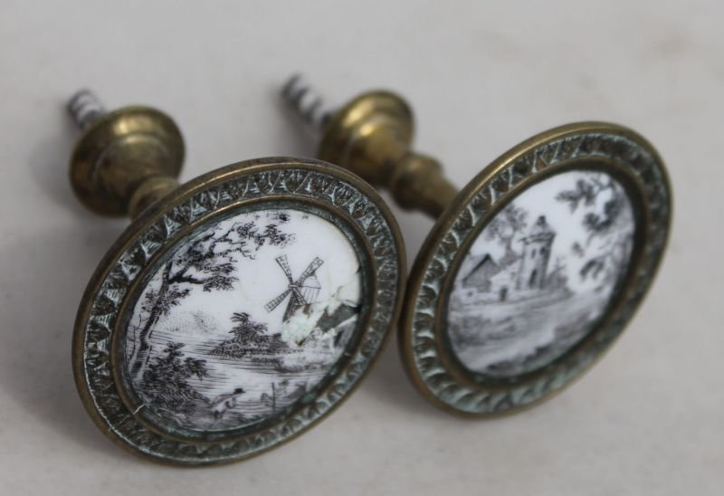 pr of ca 1760-1780 Dutch enamel scenic hand painted mir: pr of ca 1760-1780 Dutch enamel scenic hand painted mirror stays w screw in backs - 2" long x 1 1/2" diam