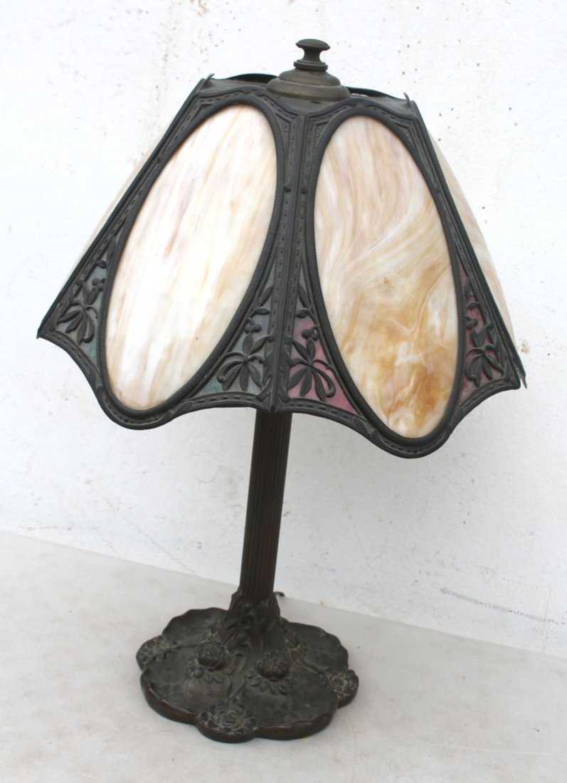 antique multi color slag glass overlay table lamp on sg: antique multi color slag glass overlay table lamp on sgnd Wilkinson Co NY bronze (?) Art Nouveau base - 24" tall w 17" diam shade