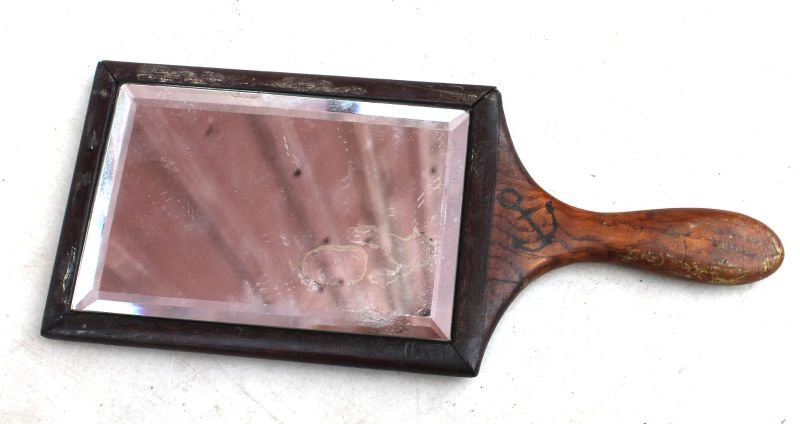 Wonderful early 19thC maple & walnut elaborate grain pa: Wonderful early 19thC maple & walnut elaborate grain painted folk art hand mirror featuring orig beveled glass in excellent untouched orig cond - found in NY State - 11" long