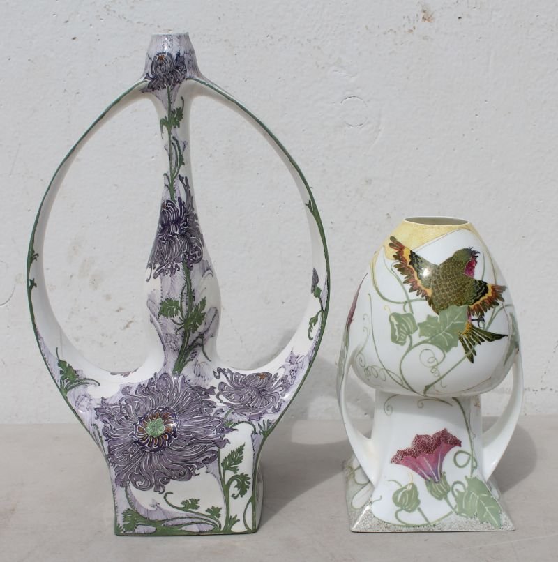 2 rare eggshell porcelain Art Nouveau period Rozenburg : 2 rare eggshell porcelain Art Nouveau period Rozenburg vases w handles featuring polychromatic glazes by Samuel Schellink - 11 1/4" tall & 7" tall - each intact w multiple hairlines -Provenance: colle