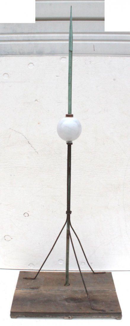 antique copper lightning rod w milk glass globe - 54" t: antique copper lightning rod w milk glass globe - 54" tall