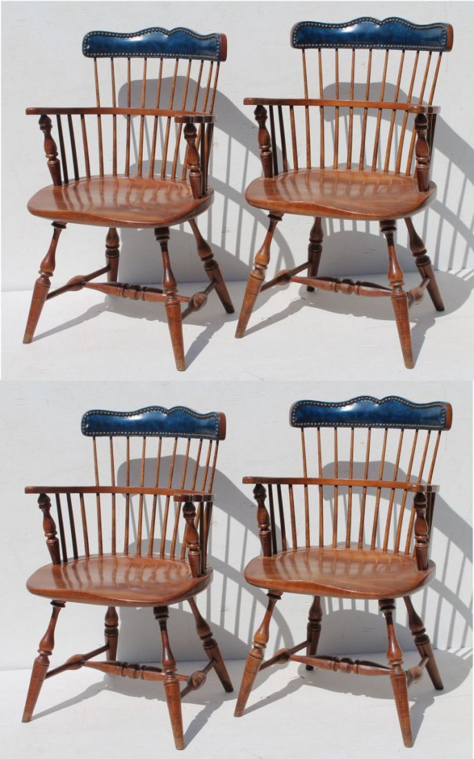 set of 4 Frederick Duckloe & Bros Windsor comb back Col: set of 4 Frederick Duckloe & Bros Windsor comb back Colonial reproduction maple armchairs w blue leatherette head rests - stamped signatures